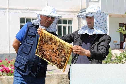 A group of men wearing sun hats and holding a beehive  AI-generated content may be incorrect.